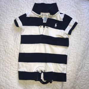 Ralph Lauren boy polo navywhite shortall onesie 3M